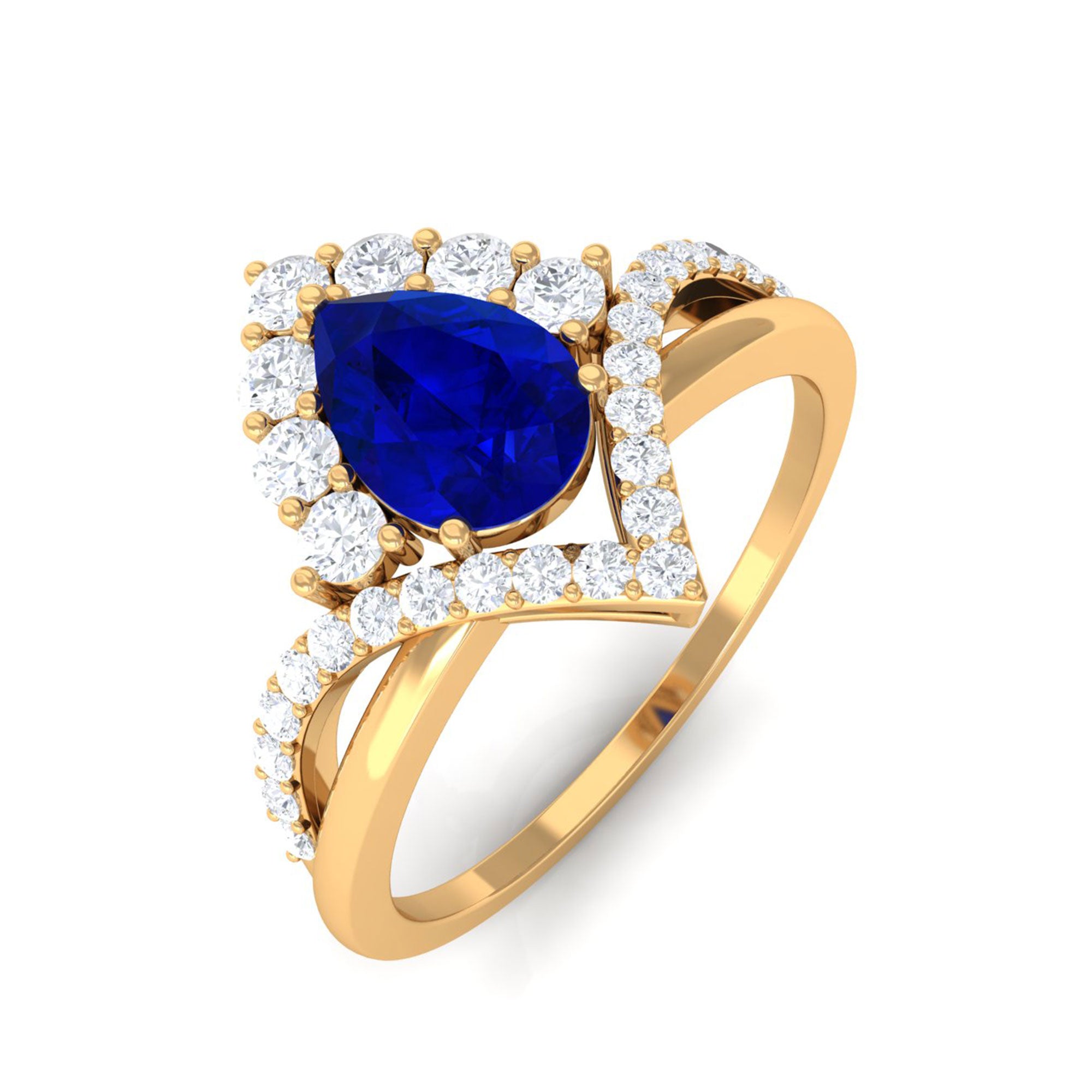 Vibrant Grown Labs-Pear Shaped Lab Grown Blue Sapphire Engagement Ring