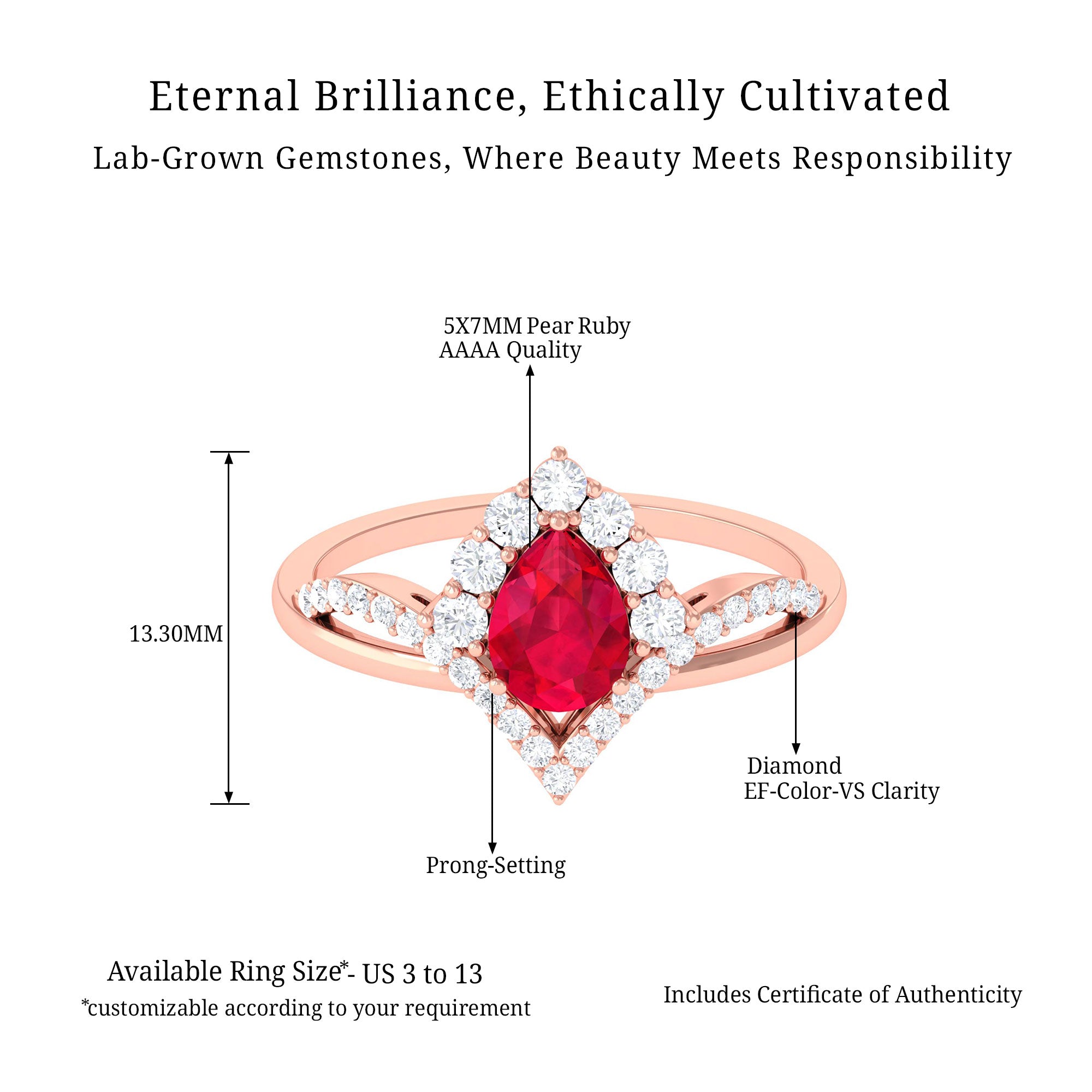 Vibrant Grown Labs-Pear Shape Lab Grown Ruby Designer Engagement Ring with Accent