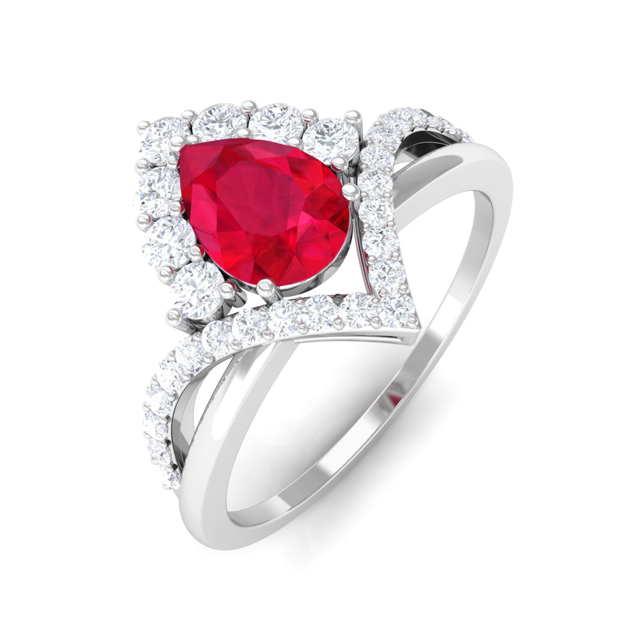 Vibrant Grown Labs-Pear Shape Lab Grown Ruby Designer Engagement Ring with Accent