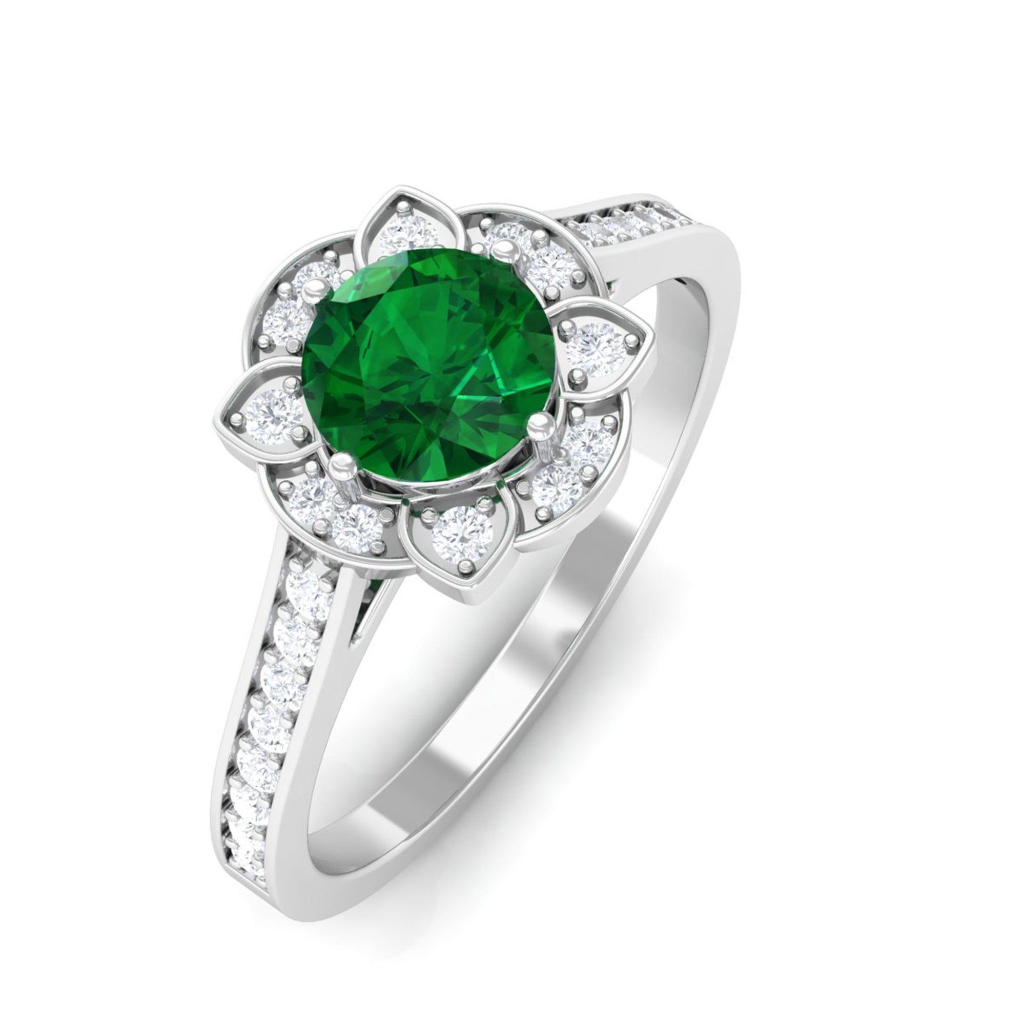 Vibrant Grown Labs-Lab Created Emerald Vintage Inspired Engagement Ring with Accent