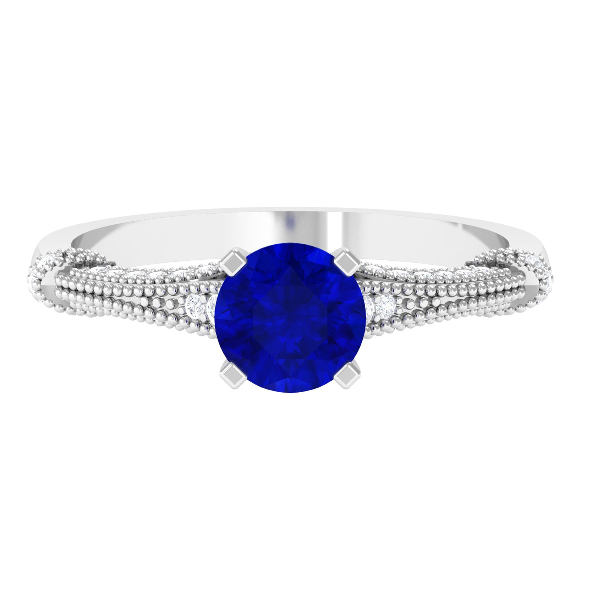 Vibrant Grown Labs-Lab Grown Blue Sapphire Solitaire Engagement Ring with Accent