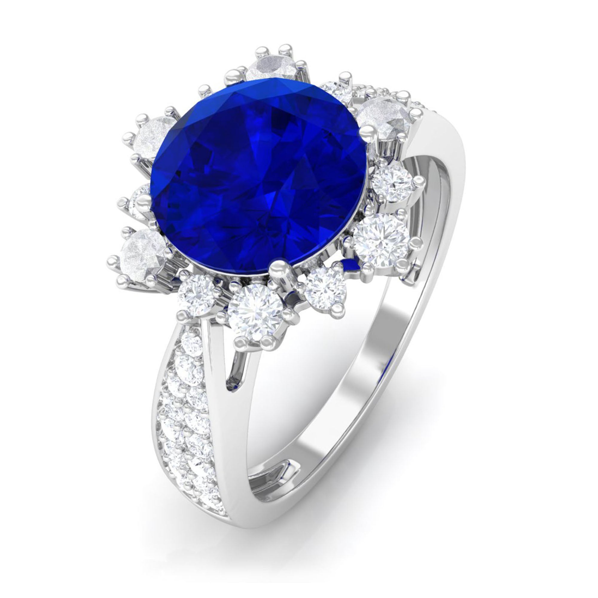 Vibrant Grown Labs-Classic Lab Grown Blue Sapphire Engagement Ring with Accent