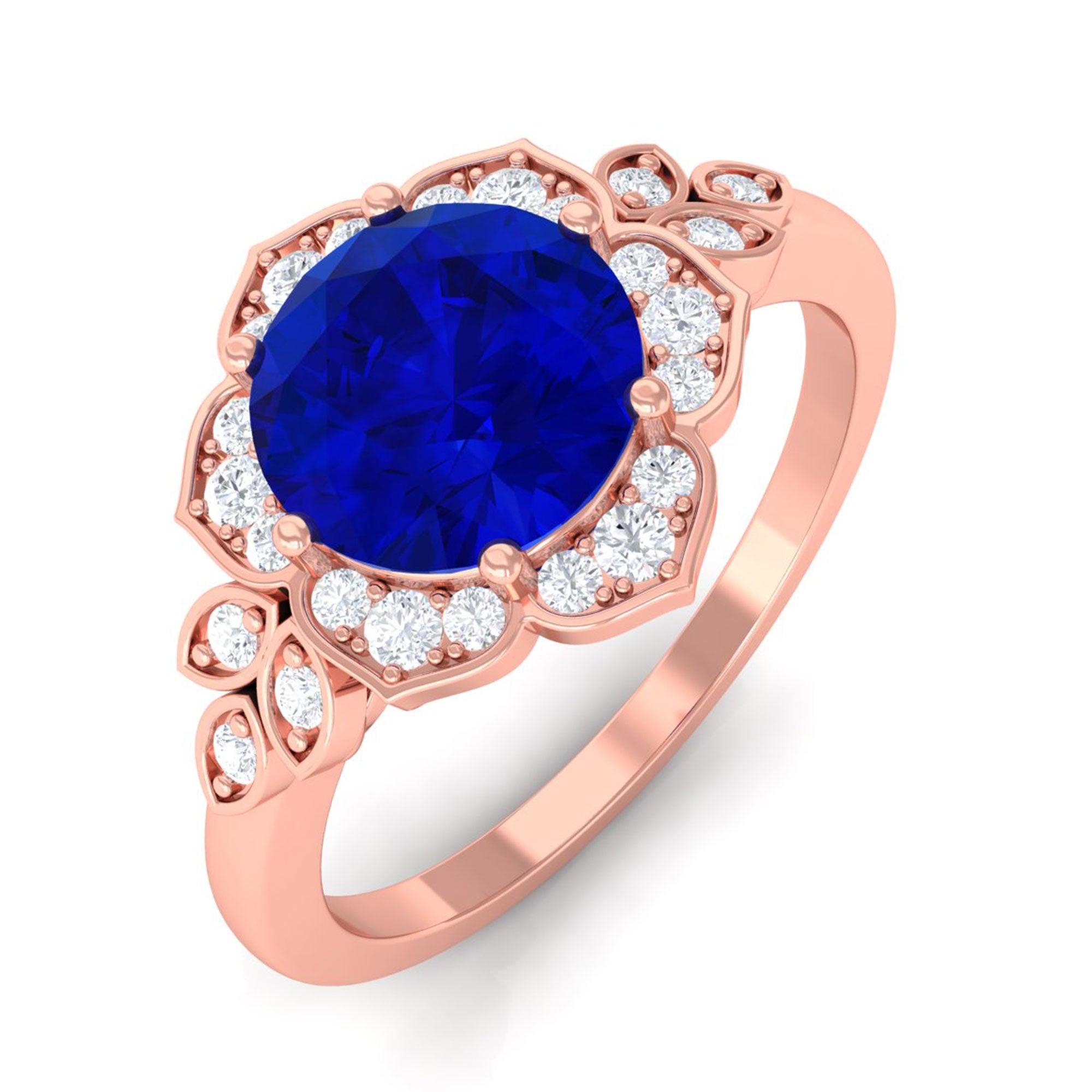 Vibrant Grown Labs-Round Created Blue Sapphire Flower Engagement Ring with Diamond