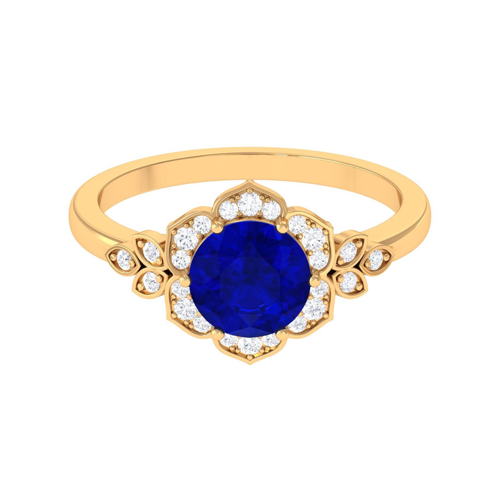 Vibrant Grown Labs-Round Created Blue Sapphire Flower Engagement Ring with Diamond