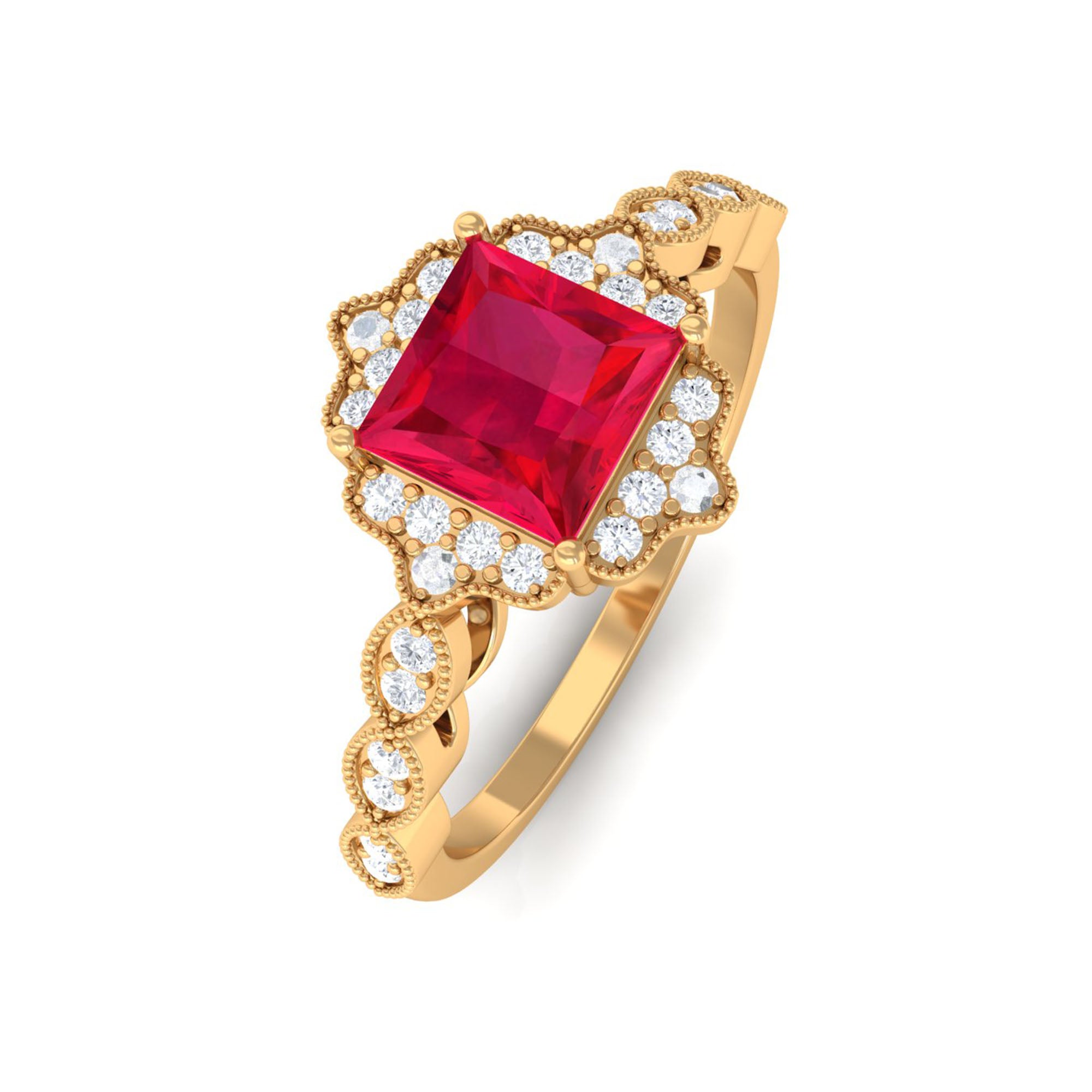 Vibrant Grown Labs-Vintage Inspired Created Ruby Engagement Ring with Diamond