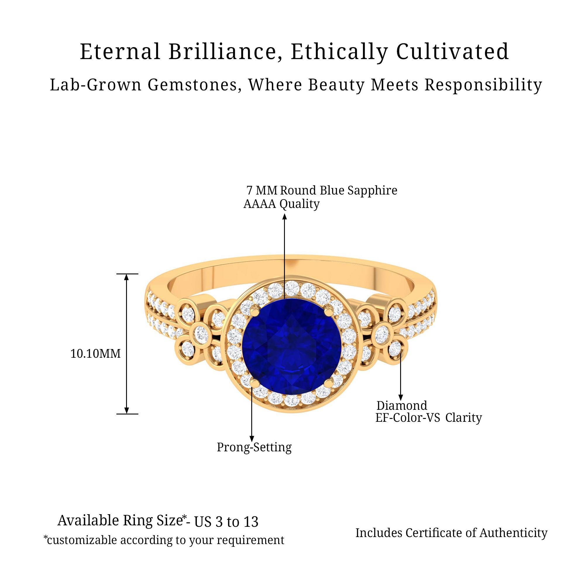 Vibrant Grown Labs-Round Shape Lab Grown Blue Sapphire with Accent