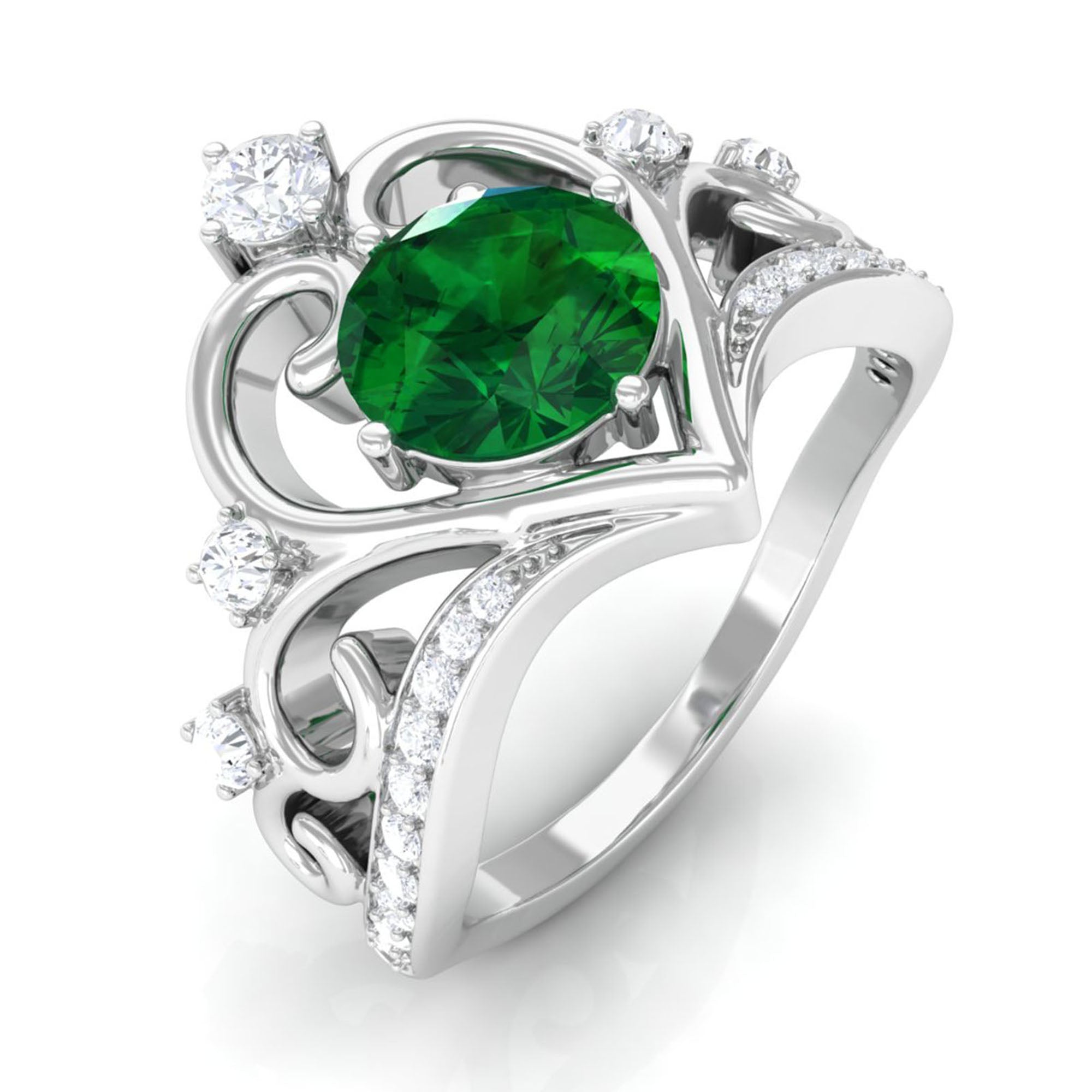 Classic Lab Grown Emerald Crown Engagement Ring Lab Created Emerald - ( AAAA ) - Quality - Vibrant Grown Labs