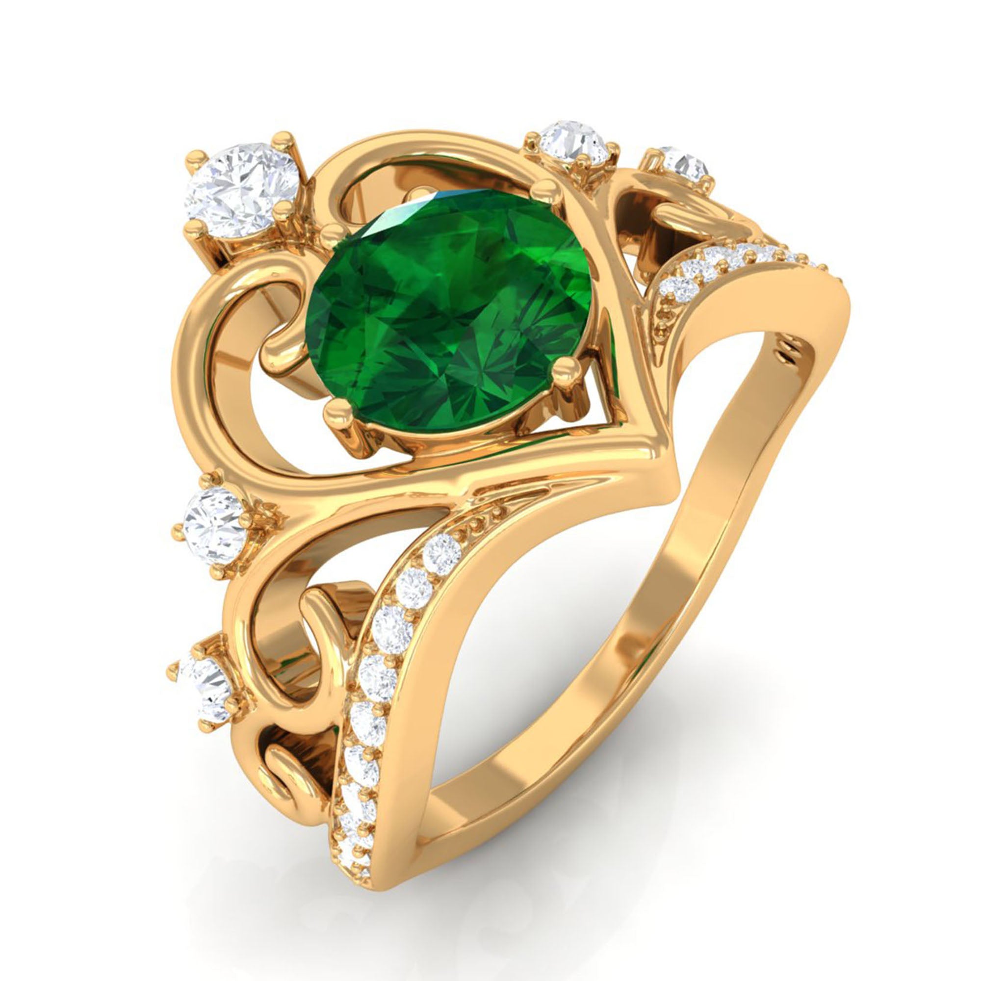 Classic Lab Grown Emerald Crown Engagement Ring Lab Created Emerald - ( AAAA ) - Quality - Vibrant Grown Labs