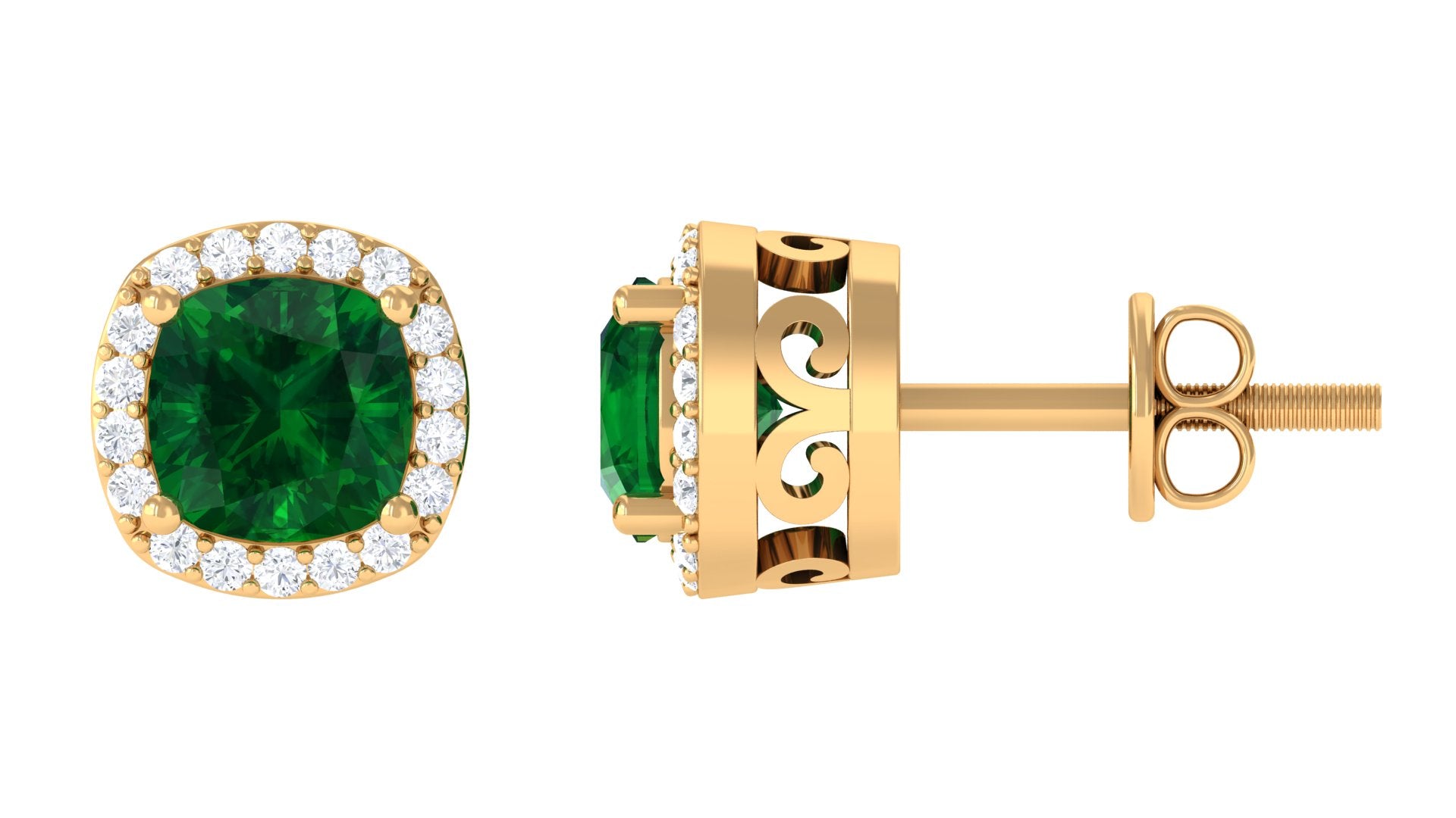 Cushion Cut Lab Grown Emerald Stud Earrings With Halo Lab Created Emerald - ( AAAA ) - Quality - Vibrant Grown Labs