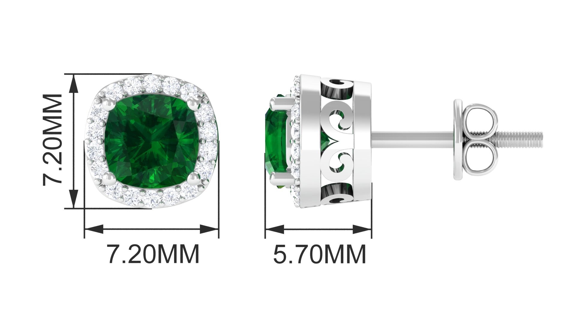 Cushion Cut Lab Grown Emerald Stud Earrings With Halo Lab Created Emerald - ( AAAA ) - Quality - Vibrant Grown Labs