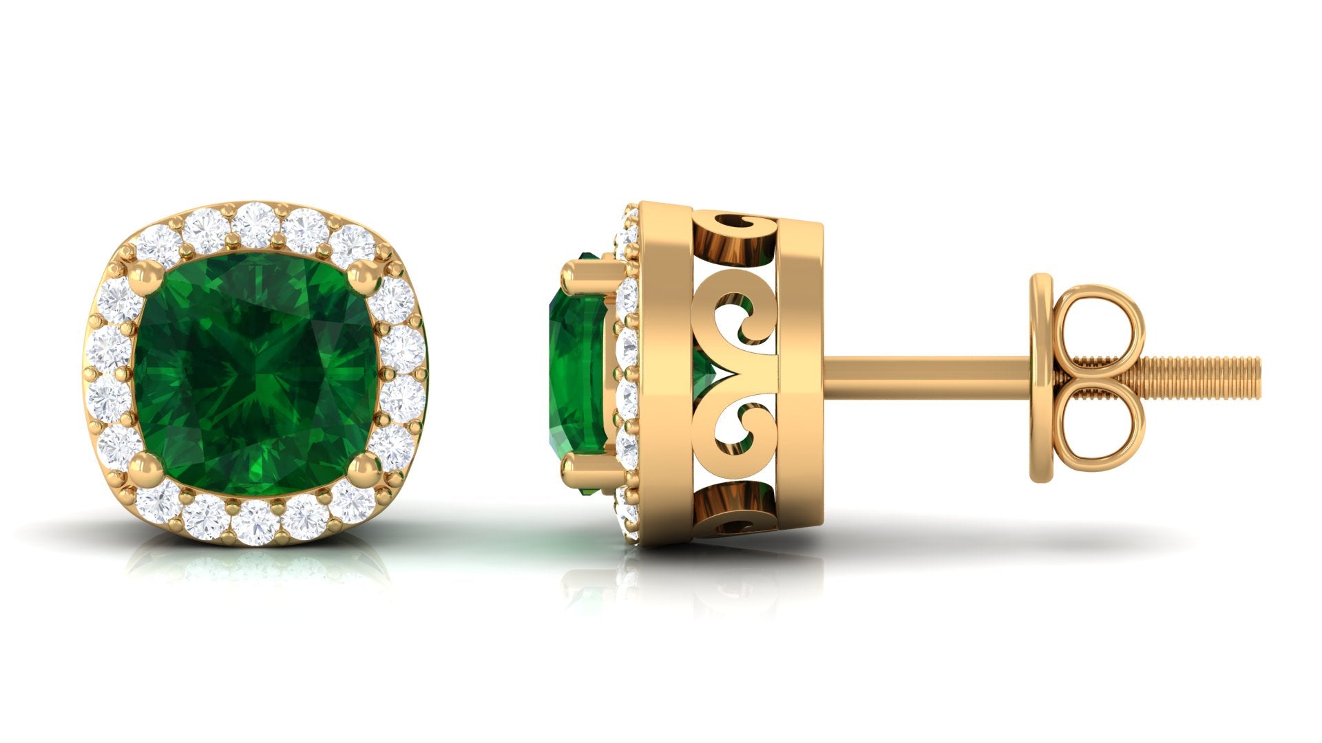 Cushion Cut Lab Grown Emerald Stud Earrings With Halo Lab Created Emerald - ( AAAA ) - Quality - Vibrant Grown Labs