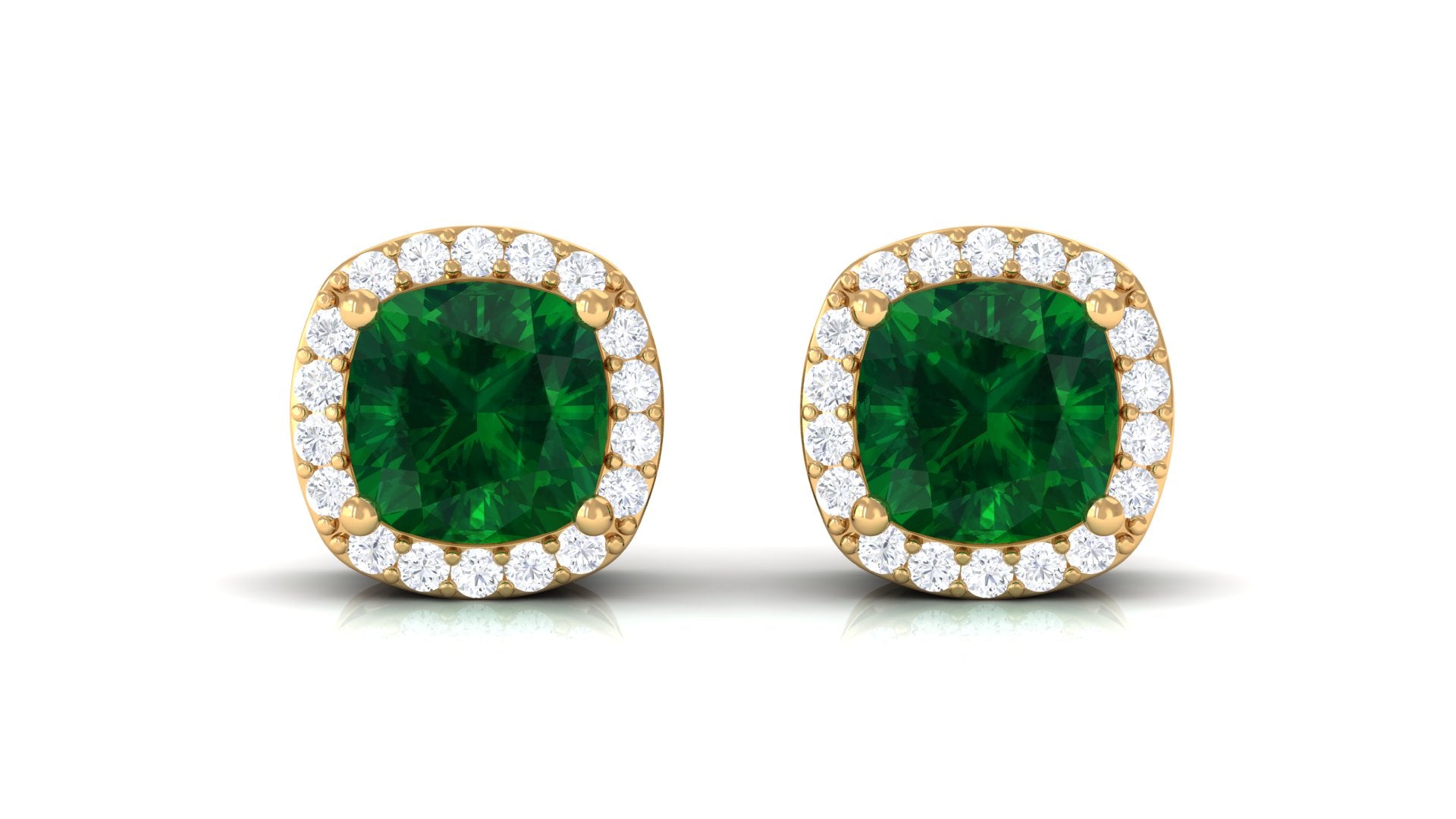 Cushion Cut Lab Grown Emerald Stud Earrings With Halo Lab Created Emerald - ( AAAA ) - Quality - Vibrant Grown Labs